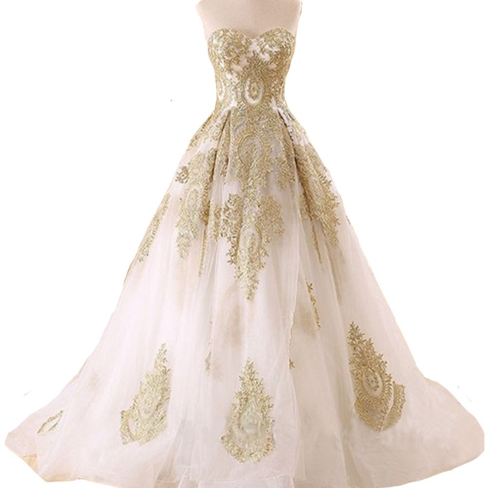 Kivary Gold Lace Ball Gown Long Corset Sweetheart Tulle Prom Wedding