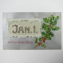 Postcard New Year Holly &amp; Berries Snowy Icy JAN 1 Silver Embossed Antiqu... - £6.25 GBP