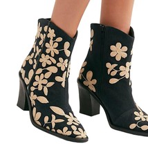 FREE PEOPLE Embroidered Barclay Ankle Boots SZ 36 Black Tan Floral Block Heel - £91.11 GBP