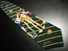 Norman Rockwell Neck Tie Silk Heated Basketball Game Discussion on Green Gold - £9.58 GBP