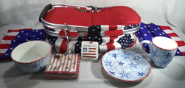 Americana Insulated Picnic Basket w/ 1 Set Plate Bowl Mug Tote Stars Str... - $21.73