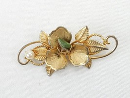 Vintage Costume Jewelry, Gold Tone, Flower Brooch, Pearl and Stone PIN-04 - £6.94 GBP