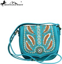 Western Purse Embroidered Feather PU Leather Handbag Brown or Turquoise 8.5 X 9&quot; - £17.58 GBP+