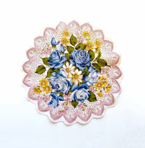 Linen Handkerchief Ring of Blue Roses Yellow White Pink Flowers Faux Lace Scallo - £15.20 GBP