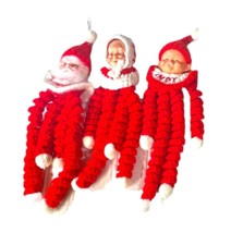 Rubber Face Santa Mrs Santa Claus A Elf Crochet Christmas Ornament Handmade VTG - £29.37 GBP