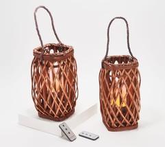 Barbara King Set of 2 12&quot; Square Wicker Lanterns w/ Tiki Flame in Caramel - $193.99