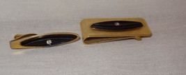 Vintage Tie Clip Stick Bar &amp; Money Clip Gold Tone Black Oval Center White Stone - £24.51 GBP