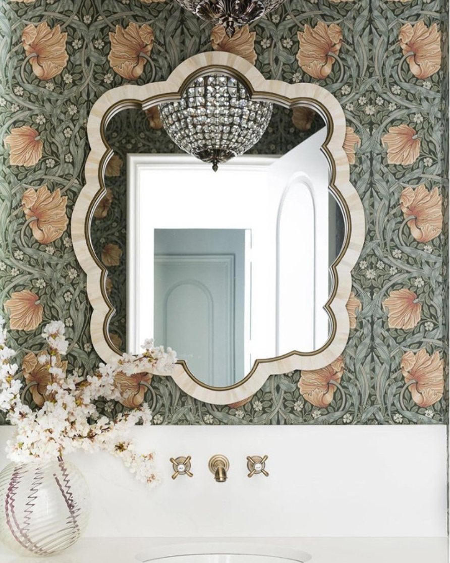 Stunning Pearl White & Gold Anthropologie Style Bone Inlay Curved Vanity Mirror - $781.11