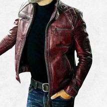 Handmade Maroon Leather Biker Jacket: Slim Fit Quilted Moto Coat - $184.95