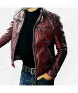 Handmade Maroon Leather Biker Jacket: Slim Fit Quilted Moto Coat - $184.95