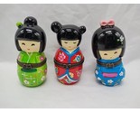 Lot Of (3) Kokeshi Dolls Red Blue Green 3&quot; Figurine Containers - $59.39