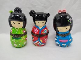 Lot Of (3) Kokeshi Dolls Red Blue Green 3&quot; Figurine Containers - £46.54 GBP