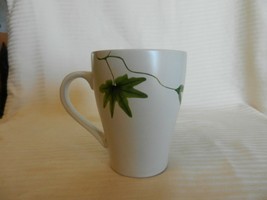 White Ceramic 4.5&quot; Tall Coffee Cup With Green Leaves Design - £19.87 GBP