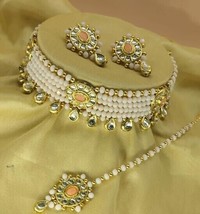 Gulabi Necklace Earrings Kundan Mang Tikka Tika Jewelry Bollywood Set Choker - £27.66 GBP