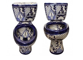 Mexican Toilet ELONGATED Comfort Height Hand Painted - Pluma Azul - - $1,399.00