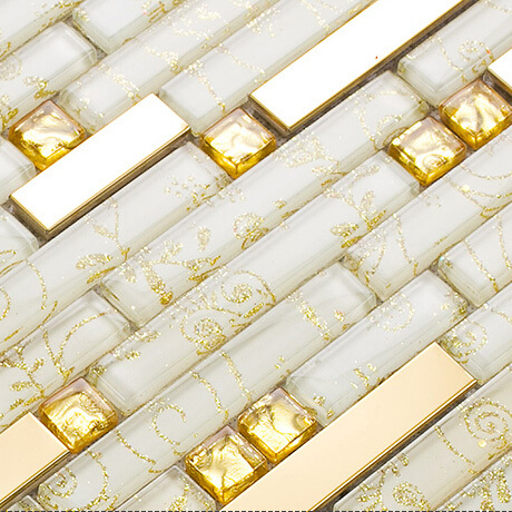 Glass Metal Linear Mosaic Wall Tiles Shiny Gold and White Backsplash Set of 6