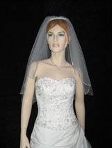 2T 2 Tier White Bridal Embroider Elbow Length Scallop Cut Edge Wedding V... - £8.00 GBP