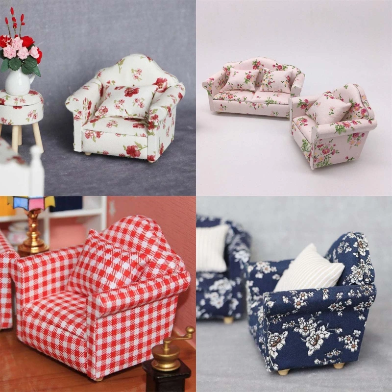 1/12 Mini Sofa Armchair Wooden Couch Toy Floral Sofa Throw Pillow for Doll House - £10.11 GBP+