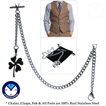 Albert Chain STEEL Pocket Watch Chain Men Fob Chain Lucky Four Leaf Fob T Bar 15 - £18.37 GBP
