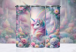 Mystical Unicorn Whimsical Floral Garden 20oz Skinny Tumbler Wrap - £3.37 GBP