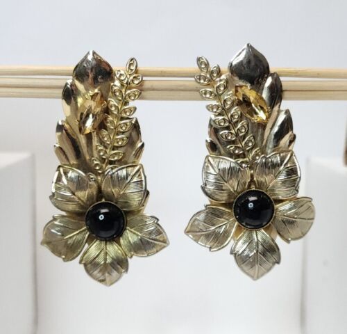 Primary image for Vintage Gold-tone Statement Earrings 3" Drop Pierced Flower Amber Rhinestones
