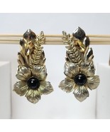 Vintage Gold-tone Statement Earrings 3&quot; Drop Pierced Flower Amber Rhines... - £27.37 GBP