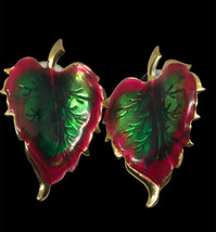 Vintage Green &amp; Red enamel Leaf pierced earrings - £10.84 GBP