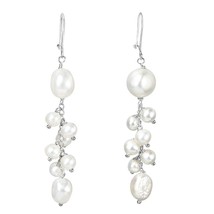 Graceful Drop Chain of Freshwater White Pearls Sterling Silver Dangle Earrings - £13.72 GBP