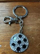 Clear Rhinestone &amp; Black Enamel Silvertone Soccer Ball Key Chain Purse or Backpa - £8.30 GBP