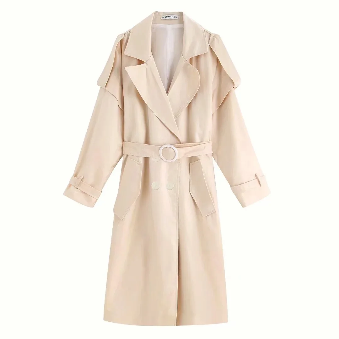TRAF  Woman  Beige Casual Trench With Belt Turn Down Collar Female X-Long Coat S - £152.36 GBP