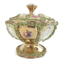Vintage Spaghetti Trim Ceramic Candy Dish w Lid Footed Gold Colorful Flo... - $58.41