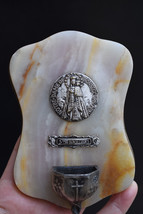 ⭐  antique/vintage French holy water font /religious medal on onyx⭐ - £35.61 GBP