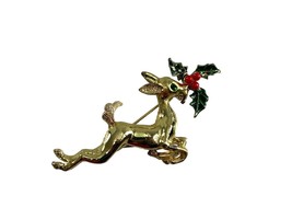 Vintage 70s Brooch Pin Gold Tone Leaping Jumping Reindeer Holly Christmas - $11.88