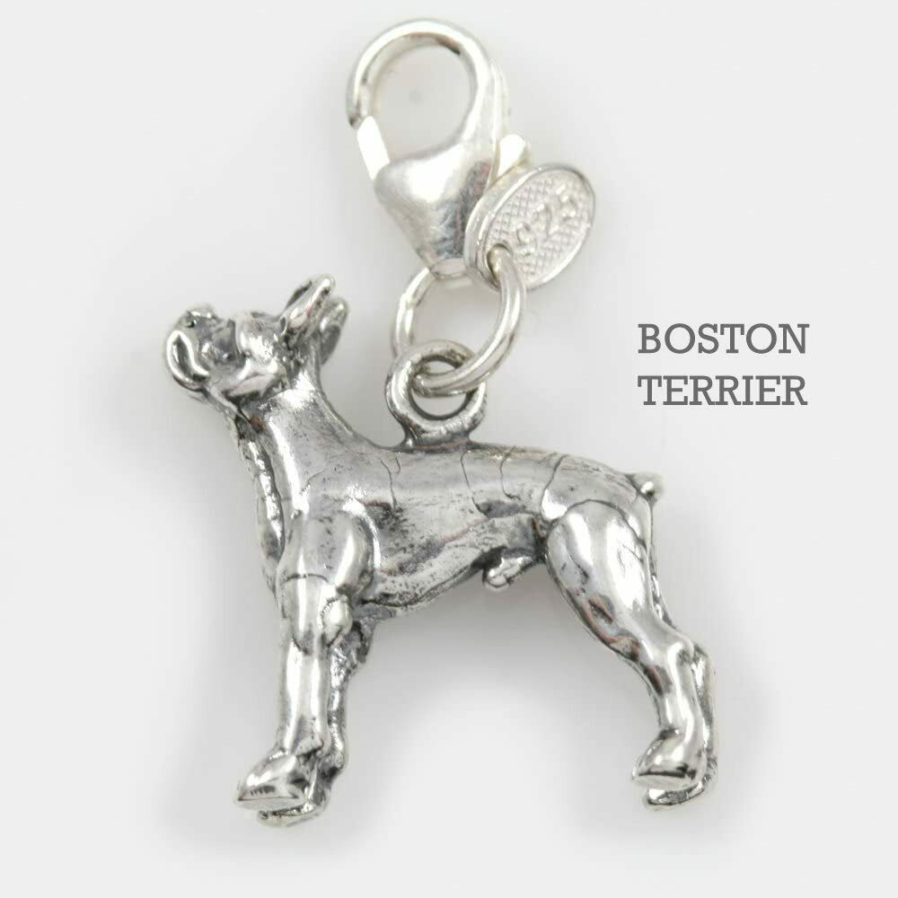 Boston Terrier Dog Charm 3 Dimensional Solid Sterling Silver - $47.52