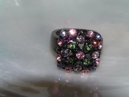 Estate Oxidized Silvertone Pink &amp; Purple Rhinestone Flower Square Cocktail Ring  - £8.30 GBP