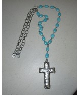 West &amp; Company TURQUOISE Necklace 3&quot; Silver Tone Cross Y drop 30&quot; - £11.67 GBP