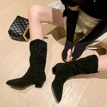 Retro Faux Suede Western Boots Women Mid Calf Boots High Boots Ladies Square Hee - £42.82 GBP