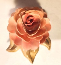Celluloid Flower Power Brooch Pin Pink Flower Green Leaves 2 1/4 Inches Tall - £17.37 GBP