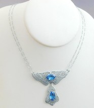 Art Deco Silver Metal Filigree Blue Jeweled Lavalier Necklace Double Strand - $250.00