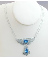 Art Deco Silver Metal Filigree Blue Jeweled Lavalier Necklace Double Strand - £196.65 GBP
