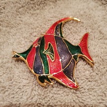 Angelfish Brooch, Enamel on Gold Tone Metal, Shimmering Red Green Fish Pin image 3