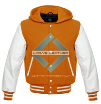 Letterman College Varsity Jacket with Hood &amp; White Real Leather Sleeves ... - £74.90 GBP+
