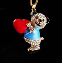 Rhinestone Panda Necklace - Red heart - Sweetheart Gift - Enamel bear  - £51.36 GBP