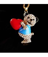 Rhinestone Panda Necklace - Red heart - Sweetheart Gift - Enamel bear  - £50.94 GBP