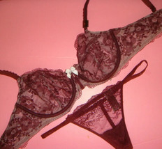 Victoria&#39;s Secret unlined 36C BRA SET thong burgundy maroon lace pink BODY by - £55.38 GBP