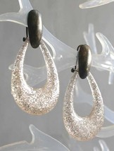 Clear Glitter Plastic Hoop Dark Silver-tone Pierced Earrings 1970s vint.  2 1/2&quot; - £9.67 GBP