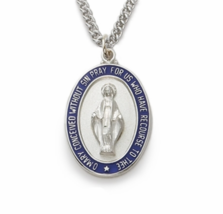 Sterling Silver Oval Miraculous Medal Blue Border Necklace And Chain - £112.87 GBP