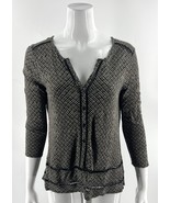 Lucky Brand Split Neck Top Size Small 3/4 Sleeve Tan Black Linen Blend W... - $29.70