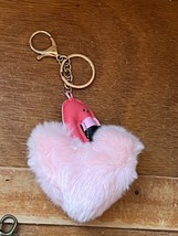 Pink Vinyl Flamingo Head w Fluffy Puffy Heart Key Chain Backpack Decoration – - £7.56 GBP