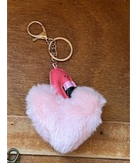Pink Vinyl Flamingo Head w Fluffy Puffy Heart Key Chain Backpack Decorat... - £7.44 GBP
